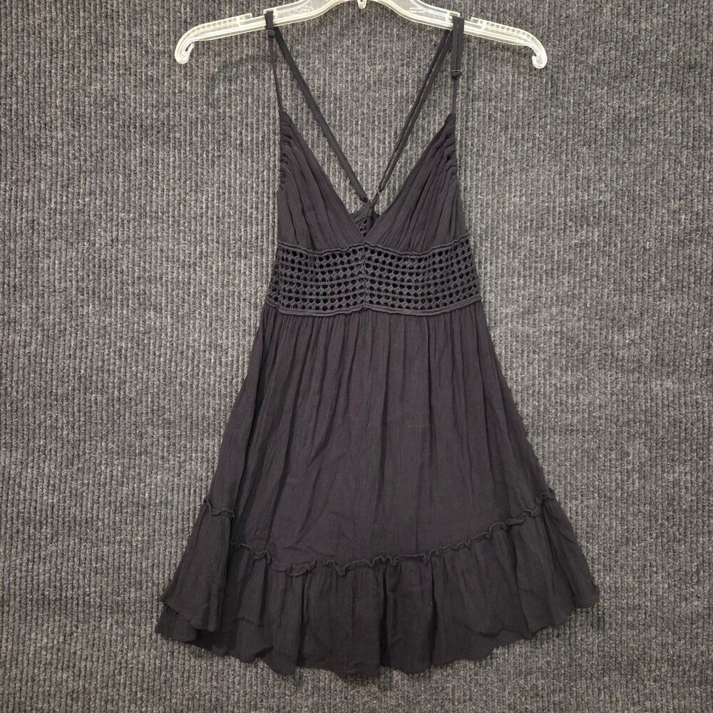 Black Strappy Mini Dress S Crochet Waist Flowy Ruffled Hem Fairy Whimsygoth